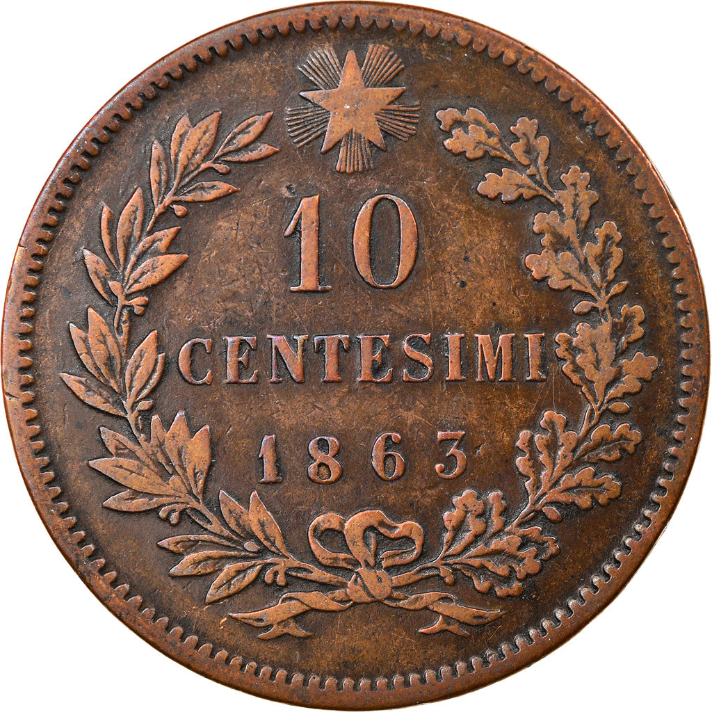 Coin, Italy, Vittorio Emanuele II, 10 Centesimi, 1863, Milan, VF(30-35), Copper