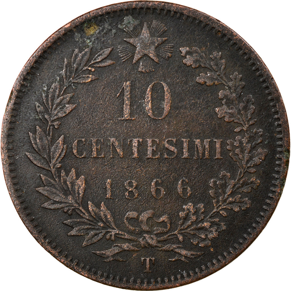 Moneda, Italia, Vittorio Emanuele II, 10 Centesimi, 1866, Torino, BC+, Cobre