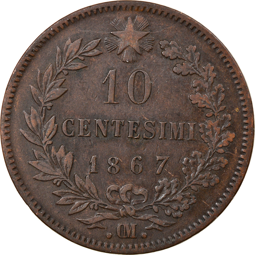 Moneda, Italia, Vittorio Emanuele II, 10 Centesimi, 1867, Strasbourg, BC+