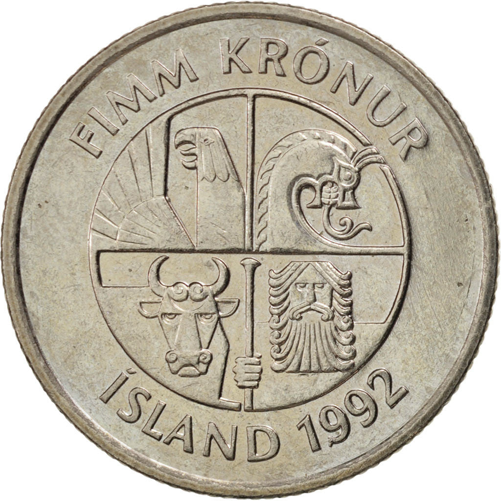 ICELAND, 5 Kronur, 1992, KM #28, AU(55-58), Copper-Nickel, 24.5, 6.45