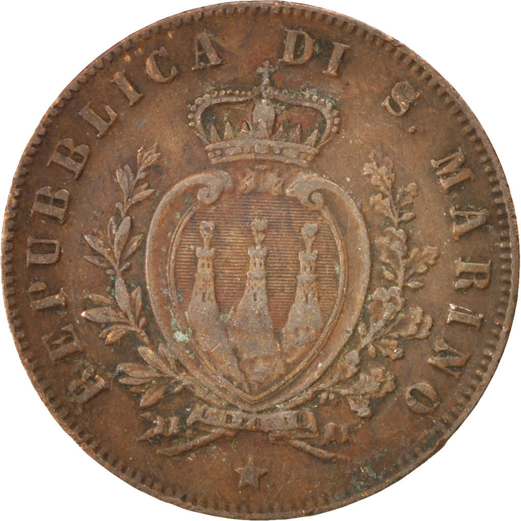 SAN MARINO, 5 Centesimi, 1869, Milan, KM #1, VF(30-35), Copper, 25, 5.01