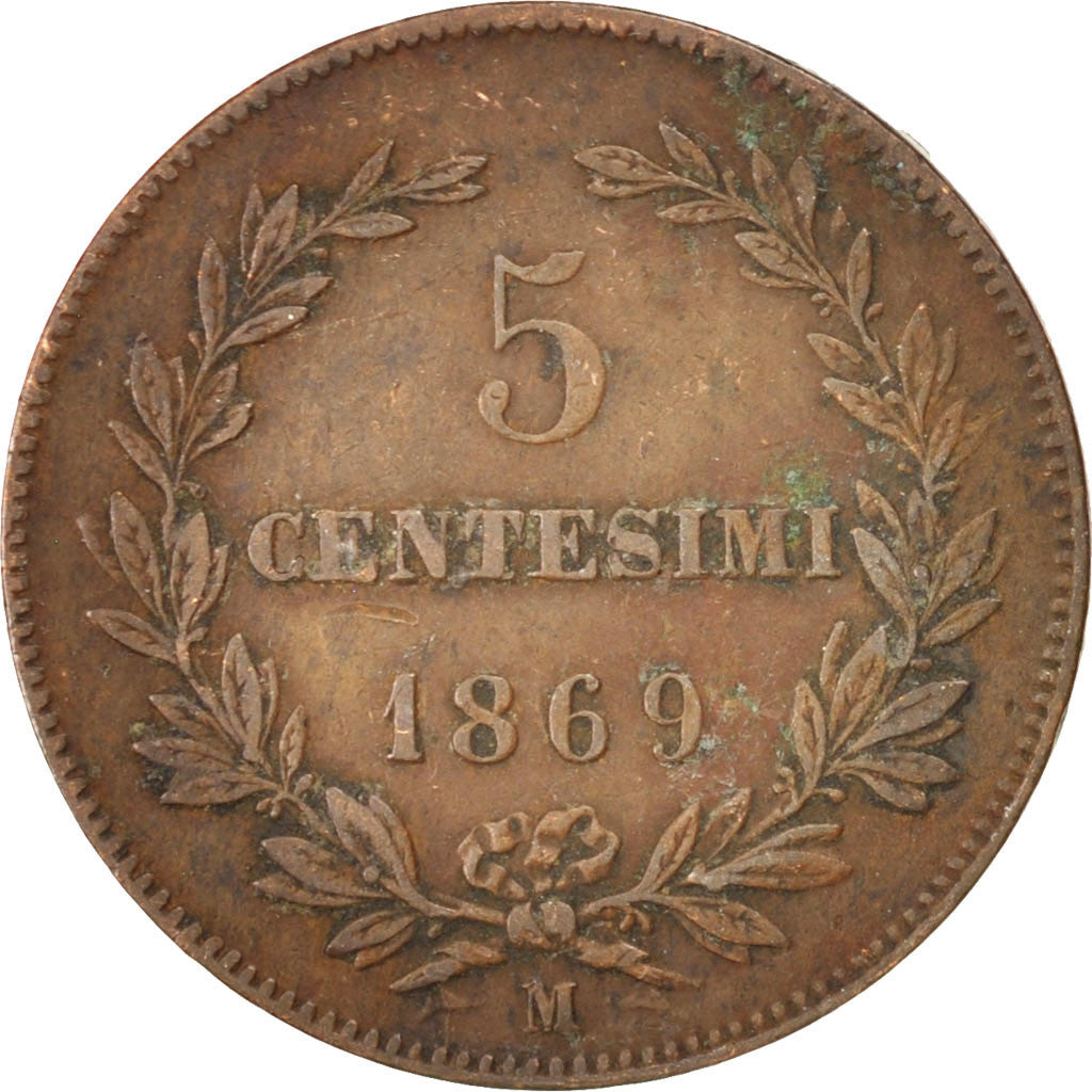 SAN MARINO, 5 Centesimi, 1869, Milan, KM #1, VF(30-35), Copper, 25, 5.01