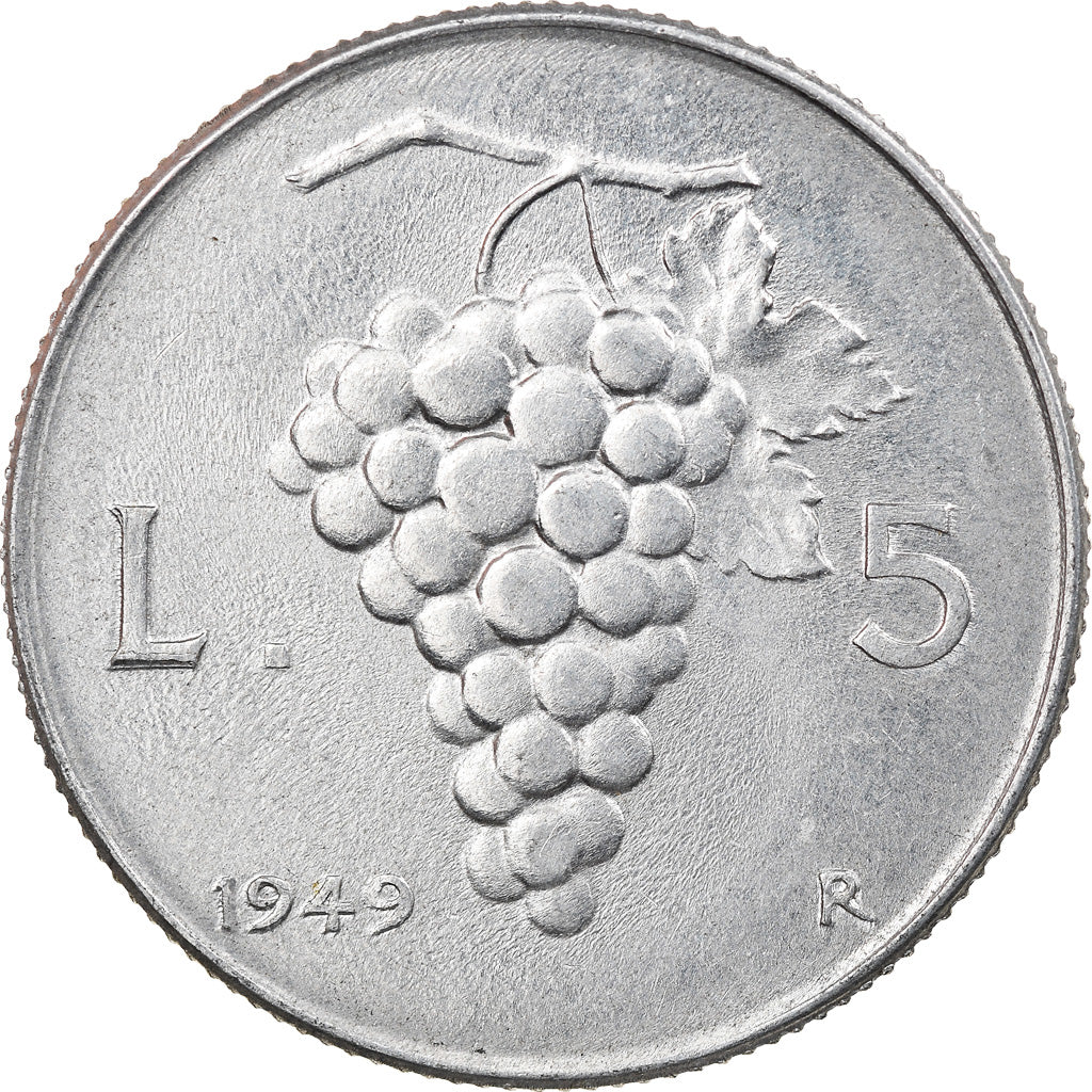 Coin, Italy, 5 Lire, 1949, Rome, AU(55-58), Aluminum, KM:89