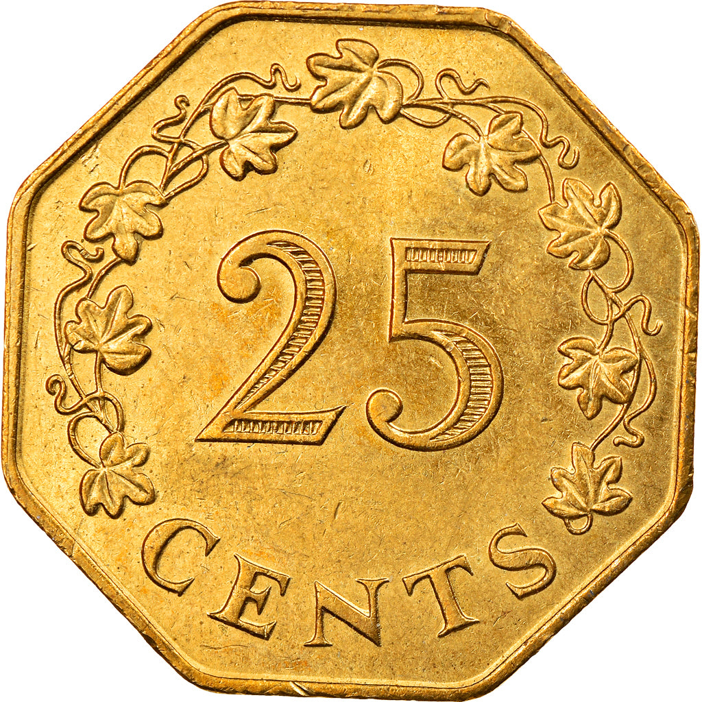 Coin, Malta, 25 Cents, 1975, British Royal Mint, AU(55-58), Brass, KM:29