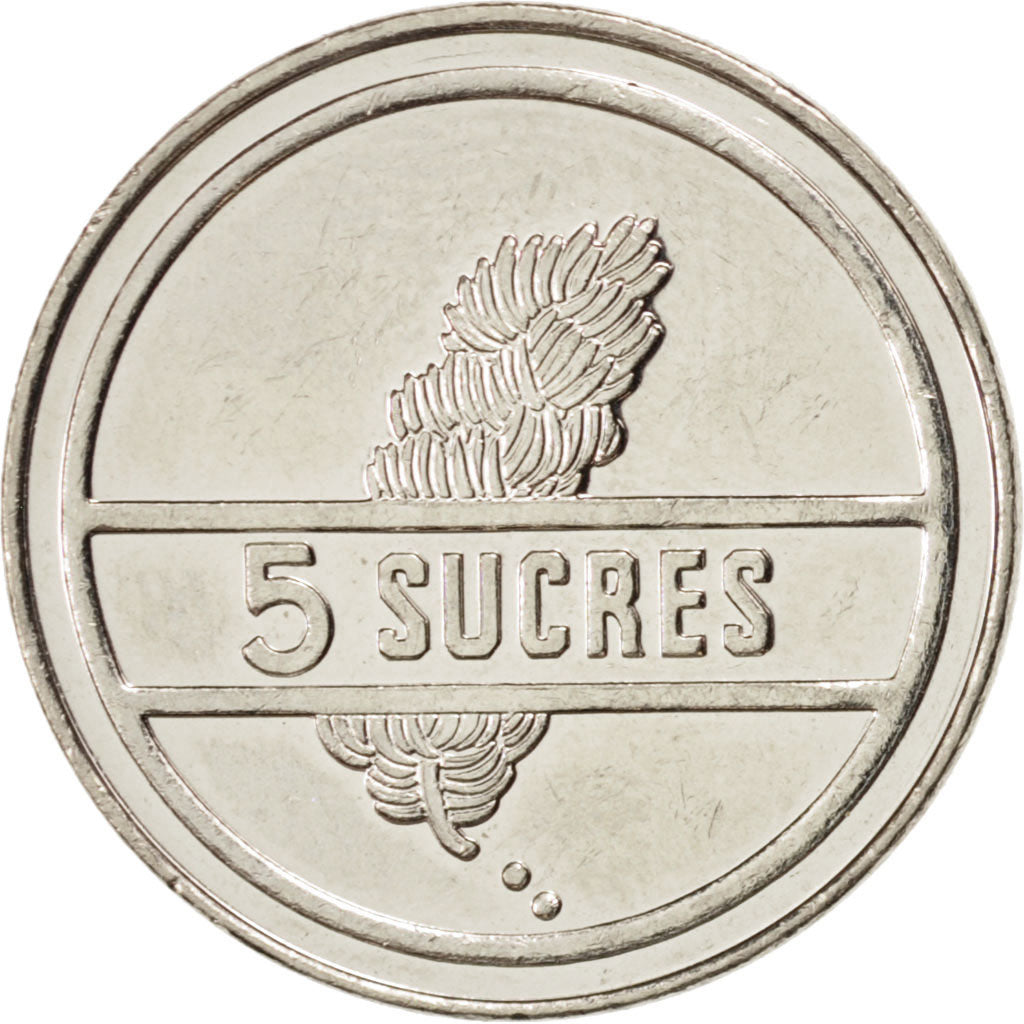 Coin, Ecuador, 5 Sucres, Cinco, 1988, MS(63), Nickel Clad Steel, KM:91