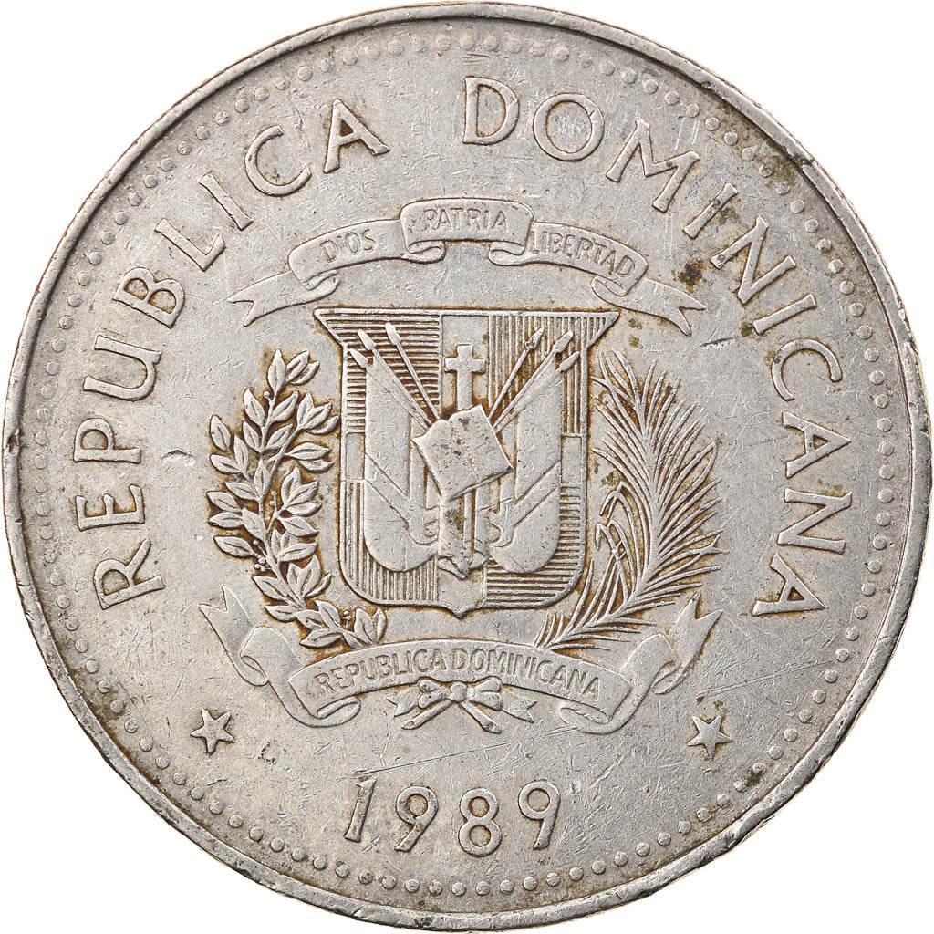 Munten, Dominicaanse Republiek, 1/2 Peso, 1989, FR+, Nickel Clad Steel, KM:73.1