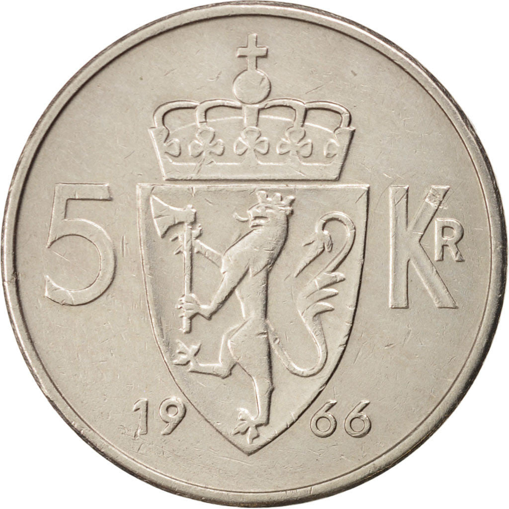 NORWAY, 5 Kroner, 1966, KM #412, EF(40-45), Copper-Nickel, 29.5, 11.41
