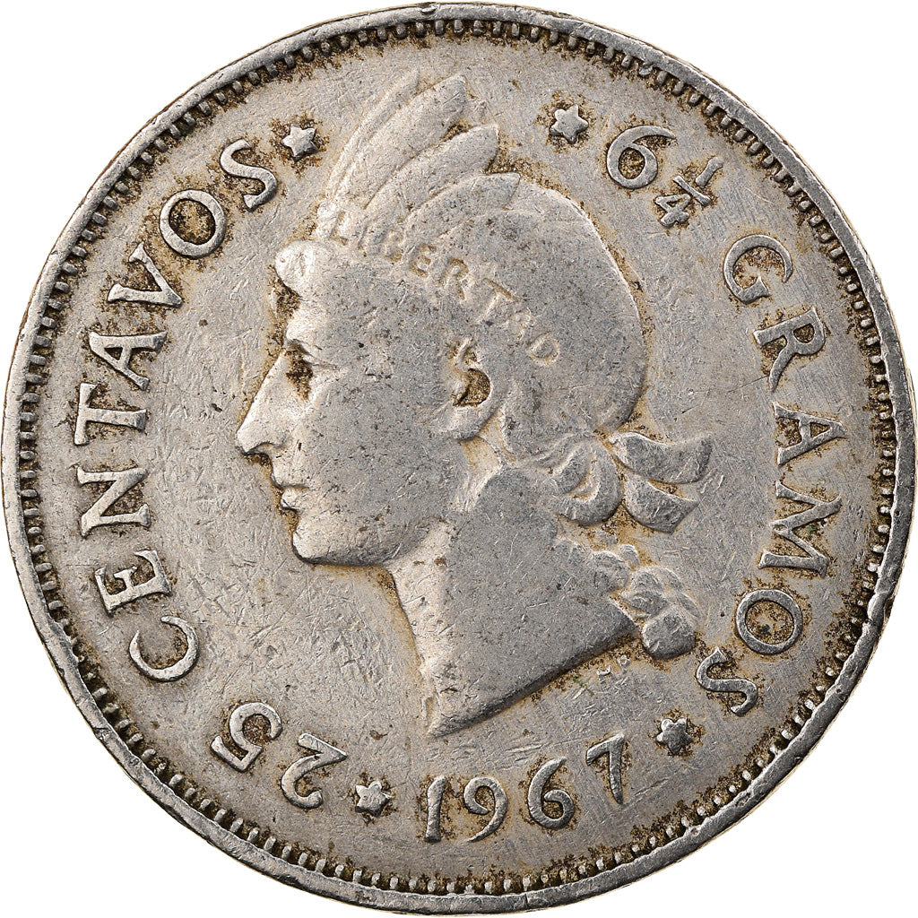 Moneta, Repubblica domenicana, 25 Centavos, 1967, MB+, Rame-nichel, KM:20a.1