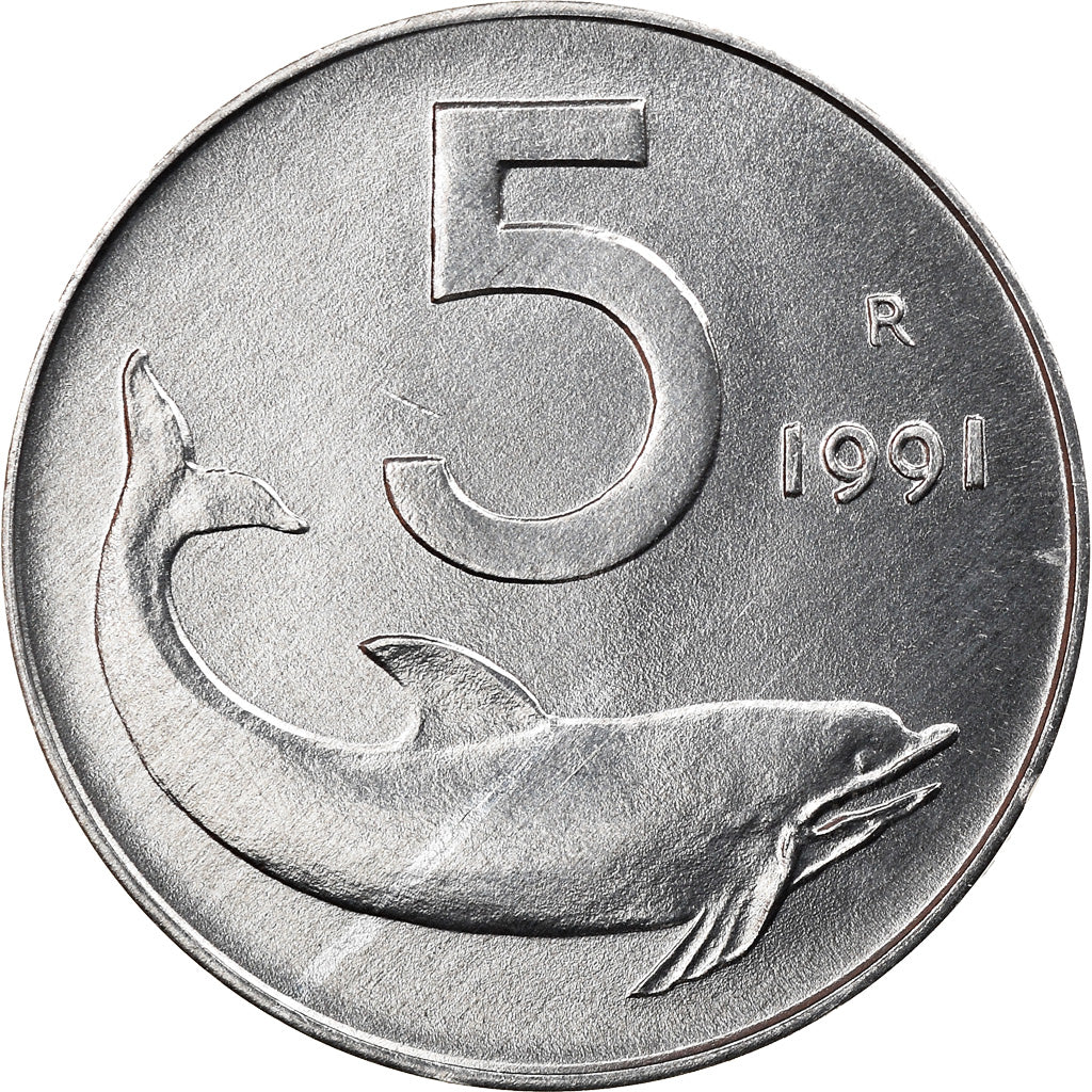 Coin, Italy, 5 Lire, 1991, Rome, VF(30-35), Aluminum, KM:92