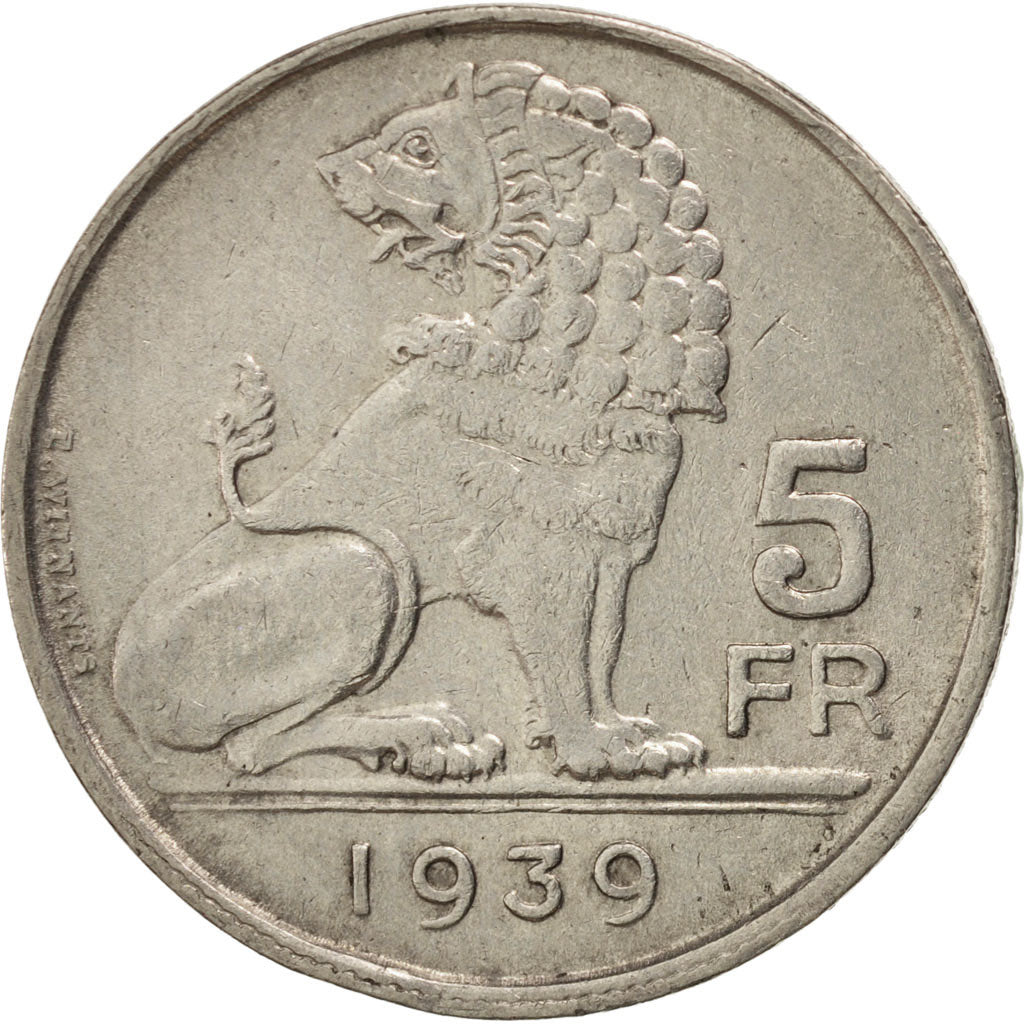 BELGIUM, 5 Francs, 5 Frank, 1939, KM #117.2, EF(40-45), Nickel, 8.86