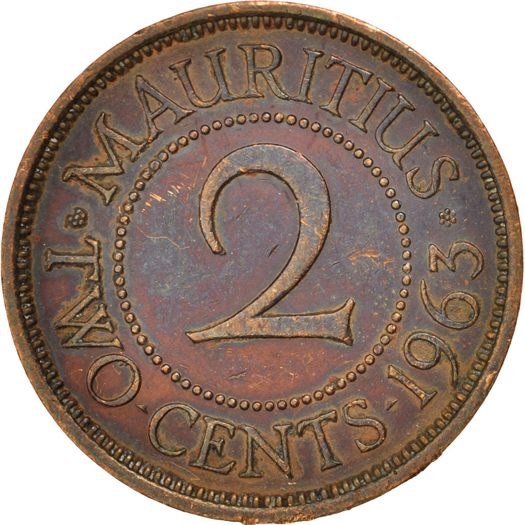 MAURITIUS, 2 Cents, 1963, KM #32, EF(40-45), Bronze, 23.2, 3.78