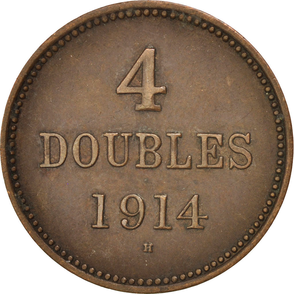 GUERNSEY, 4 Doubles, 1914, KM #13, EF(40-45), Bronze, 4.85