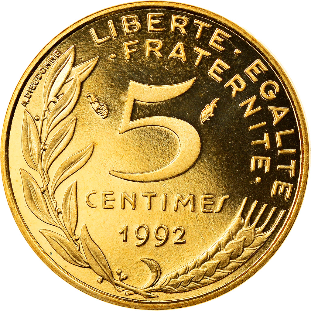 Munten, Frankrijk, Marianne, 5 Centimes, 1992, Paris, BE, FDC, Aluminum-Bronze