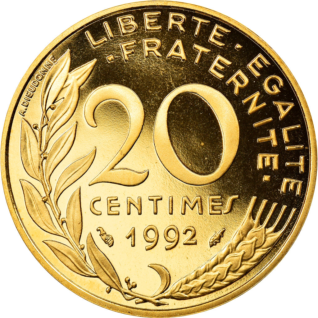 Moeda, França, Marianne, 20 Centimes, 1992, Paris, BE, MS(65-70)