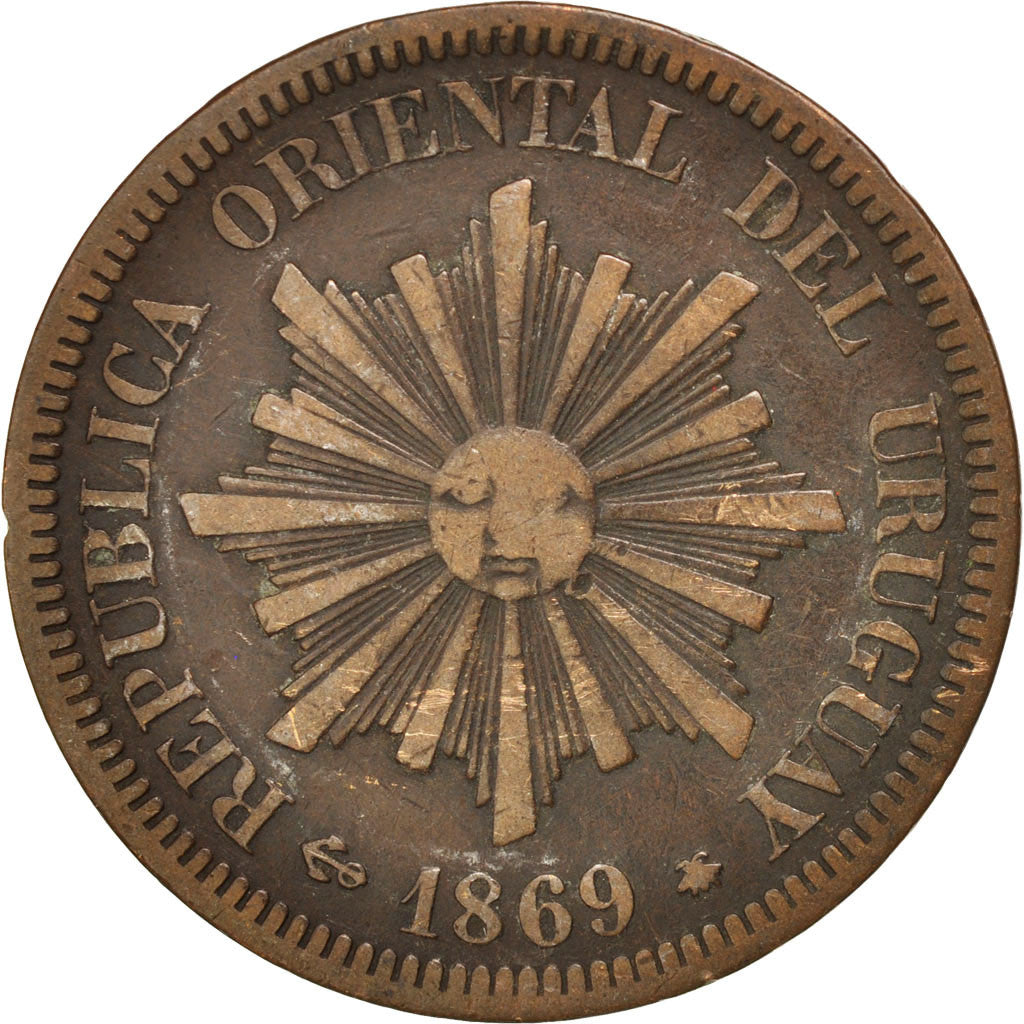 URUGUAY, 2 Centesimos, 1869, Uruguay Mint, KM #12, VF(30-35), Bronze, 29.9, 9.90