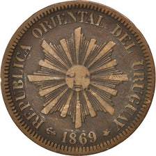 URUGUAY, 2 Centesimos, 1869, Uruguay Mint, KM #12, VF(30-35), Bronze, 29.9, 9.90