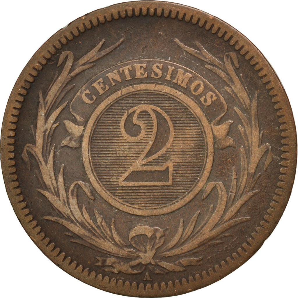 URUGUAY, 2 Centesimos, 1869, Uruguay Mint, KM #12, VF(30-35), Bronze, 29.9, 9.90