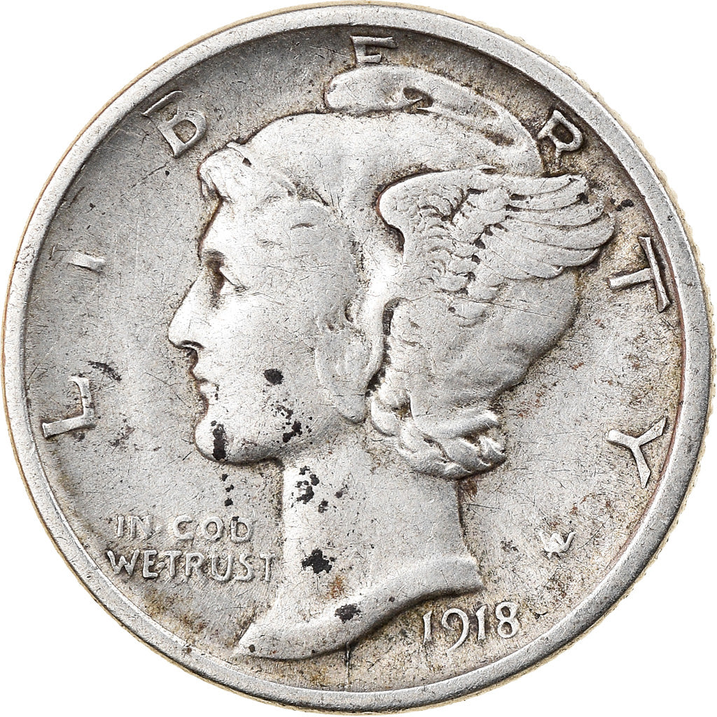 Monnaie, États-Unis, Mercury Dime, Dime, 1918, U.S. Mint, Philadelphie, TB+