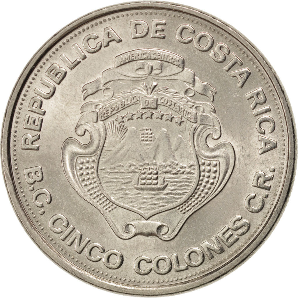 COSTA RICA, 5 Colones, 1975, KM #203, MS(63), Nickel, 29.5, 11.76