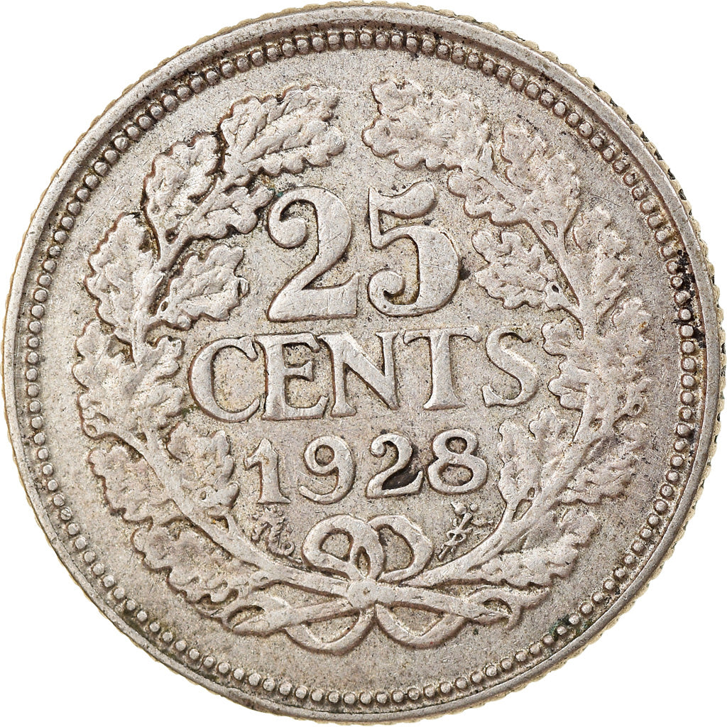 Moneda, Países Bajos, Wilhelmina I, 25 Cents, 1928, MBC, Plata, KM:164
