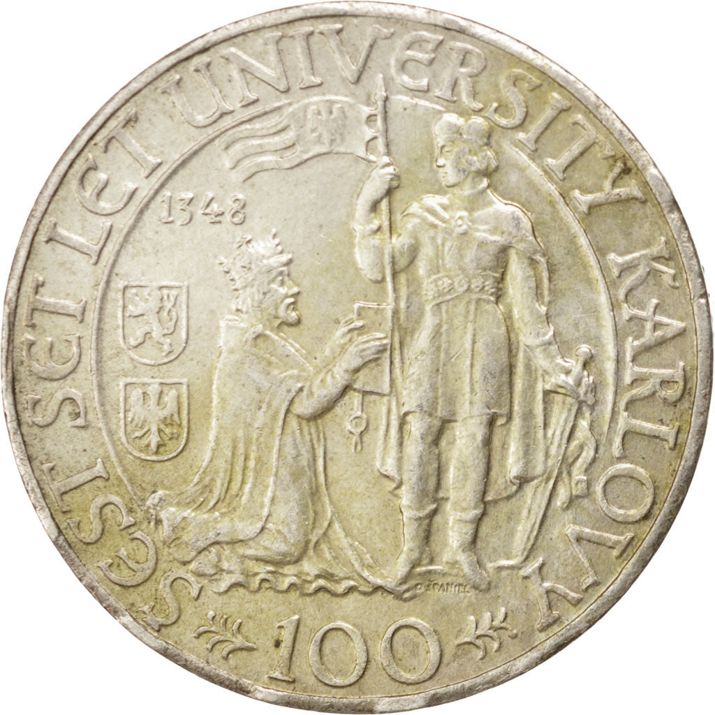 CZECHOSLOVAKIA, 100 Korun, 1948, KM #26, AU(55-58), Silver, 31, 13.88