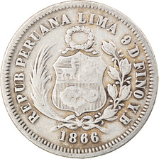 Moneta, Perù, SOUTH PERU, 1/5 Sol, 1866, Lima, MB+, Argento, KM:191