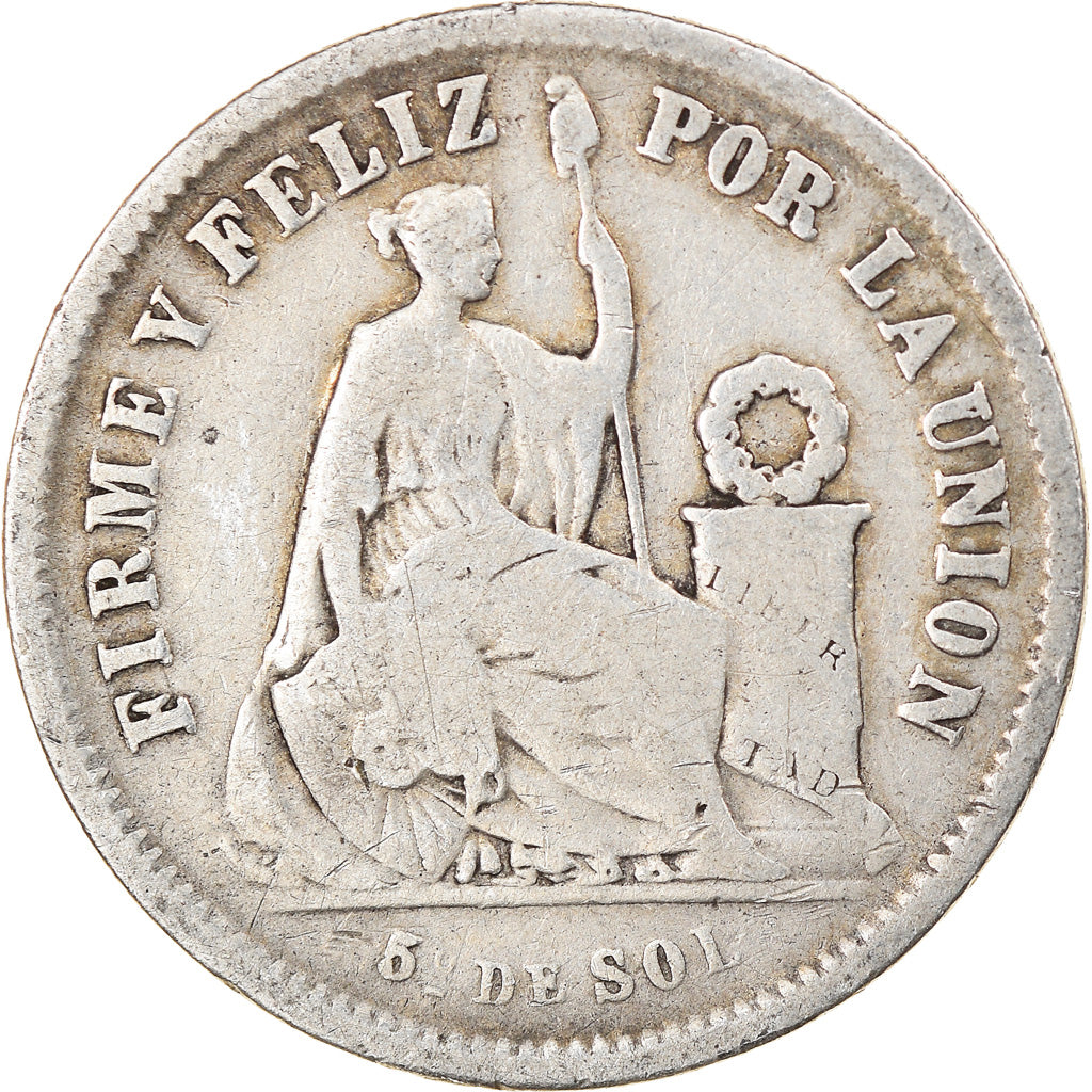 Moneta, Perù, SOUTH PERU, 1/5 Sol, 1866, Lima, MB+, Argento, KM:191