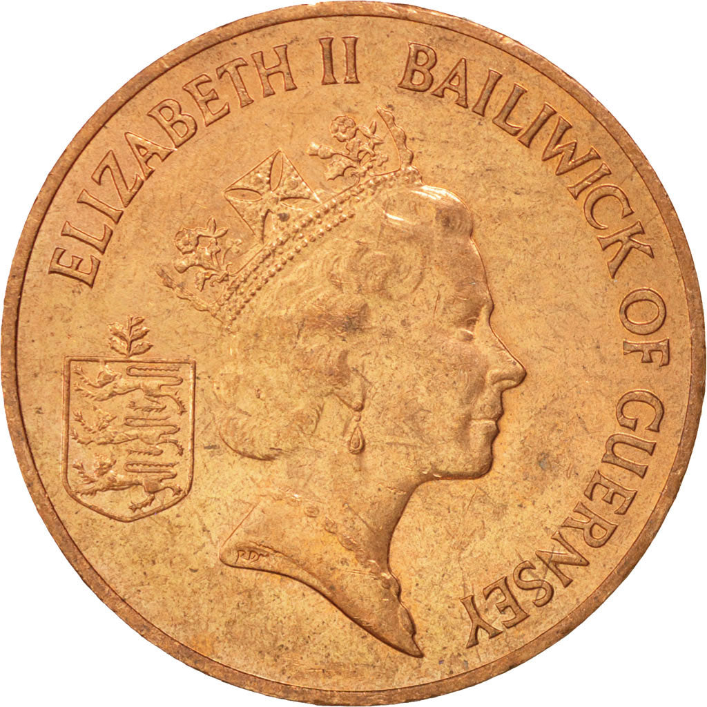 Coin, Guernsey, Elizabeth II, 2 Pence, 1990, AU(55-58), Bronze, KM:41