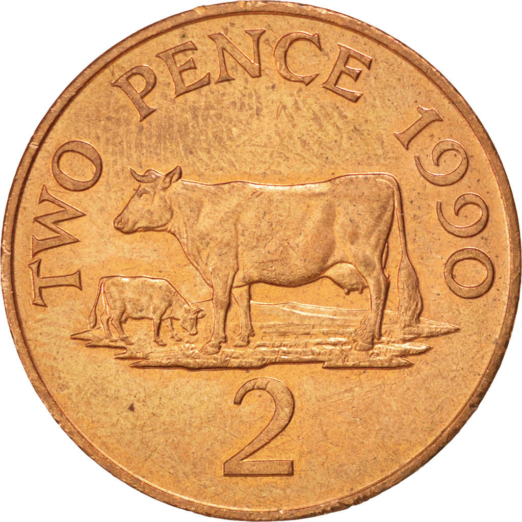 Coin, Guernsey, Elizabeth II, 2 Pence, 1990, AU(55-58), Bronze, KM:41