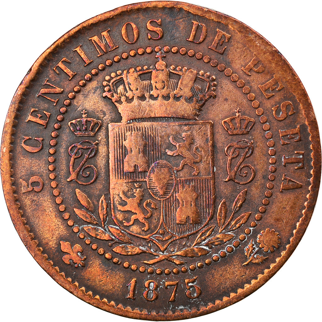 Münze, Spanien, Charles VII, 5 Centimos, 1875, Madrid, S+, Kupfer, KM:669