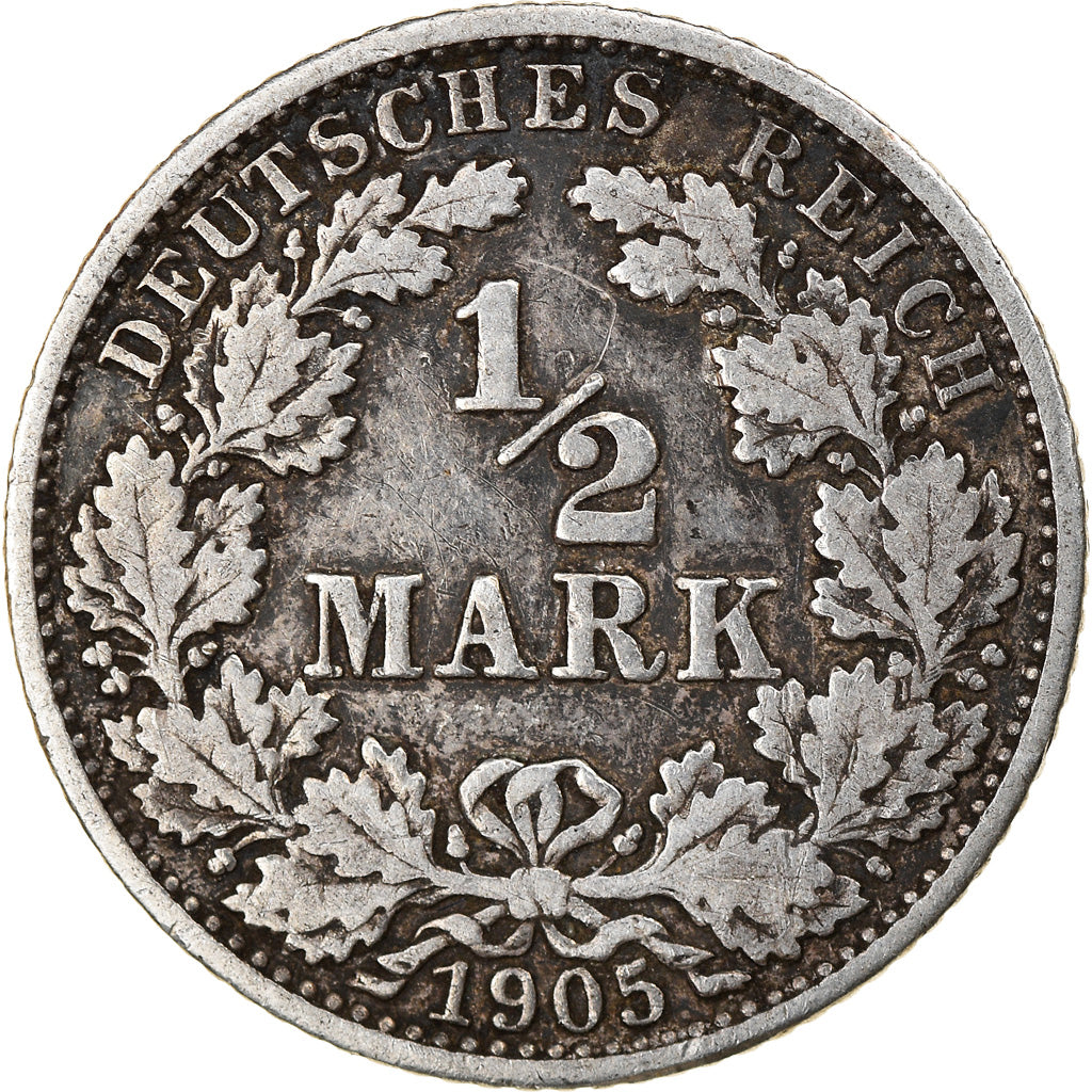 Coin, GERMANY - EMPIRE, 1/2 Mark, 1905, Karlsruhe, VF(30-35), Silver, KM:17