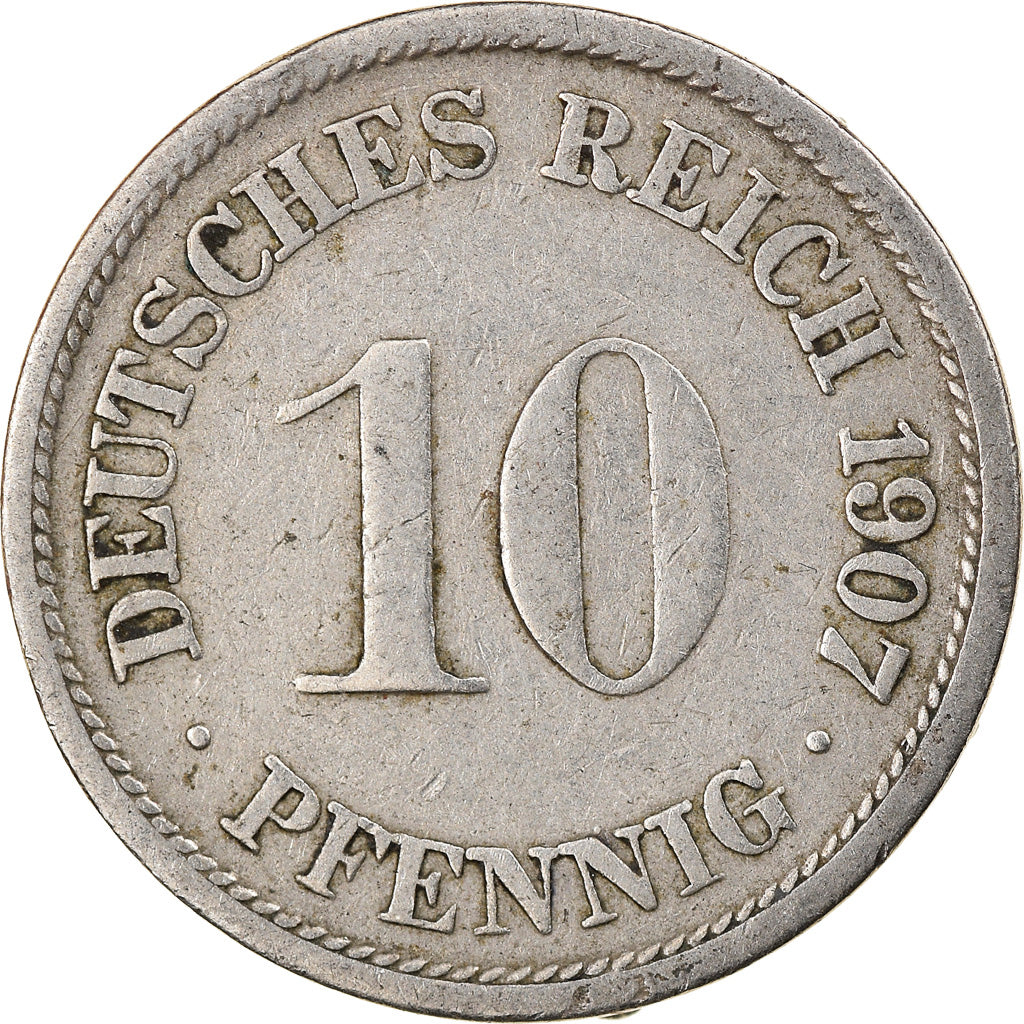 Monnaie, GERMANY - EMPIRE, Wilhelm II, 10 Pfennig, 1907, Stuttgart, TB+