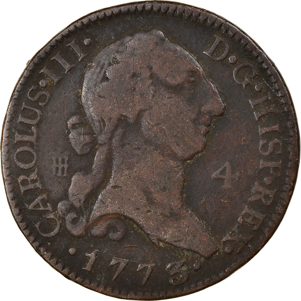 Moneda, España, Charles III, 4 maravedis, 1773, Segovia, BC+, Cobre, KM:407.2