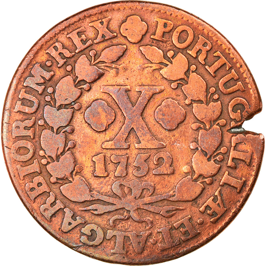 Moneta, Portogallo, Jose I, 10 Reis, X; 1/2 Vinten, 1752, B+, Rame, KM:243.1