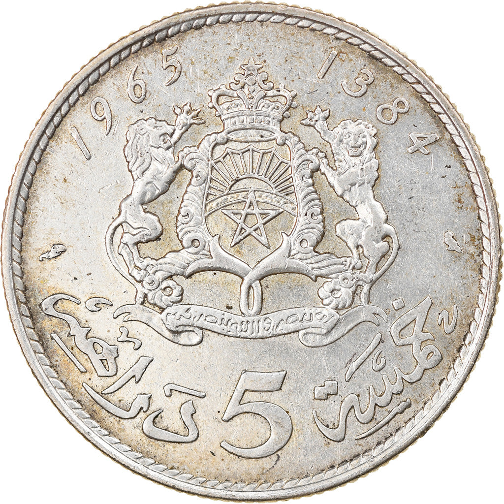 Moneta, Marocco, al-Hassan II, 5 Dirhams, 1965/AH1384, Paris, BB, Argento, KM:57