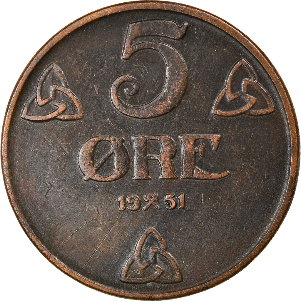 Moneda, Noruega, Haakon VII, 5 Öre, 1951, Kongsberg, MBC, Bronce, KM:368