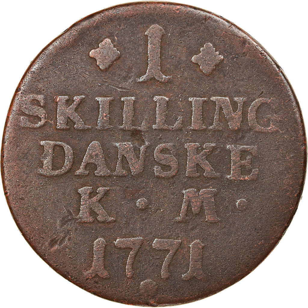Moeda, Dinamarca, Christian VII, Skilling, 1771, Copenhagen, VF(30-35), Cobre