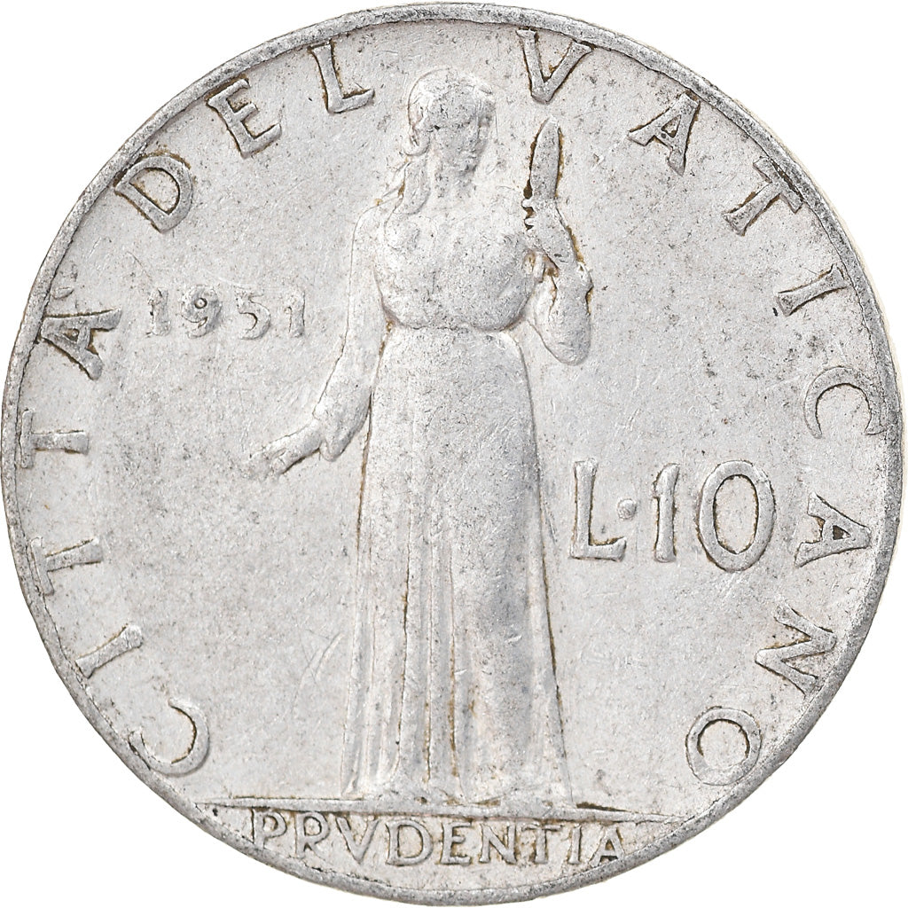 Moneda, CIUDAD DEL VATICANO, Pius XII, 10 Lire, 1951, Roma, BC+, Aluminio