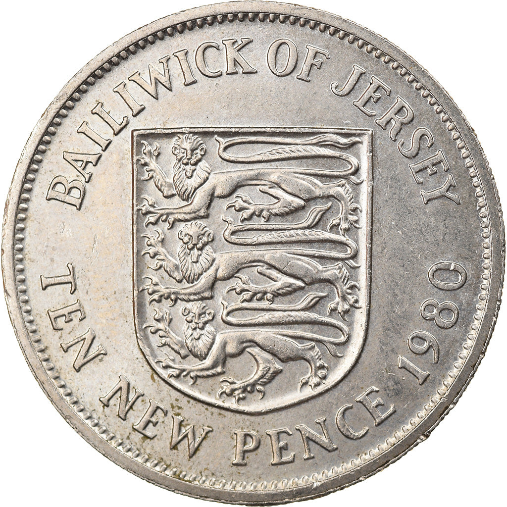 Moeda, Jersey, Elizabeth II, 10 New Pence, 1980, AU(55-58), Cobre-níquel, KM:33