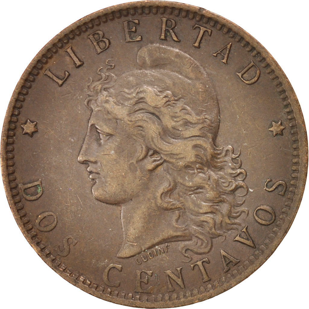 ARGENTINA, 2 Centavos, 1892, KM #33, EF(40-45), Bronze, 30, 9.99