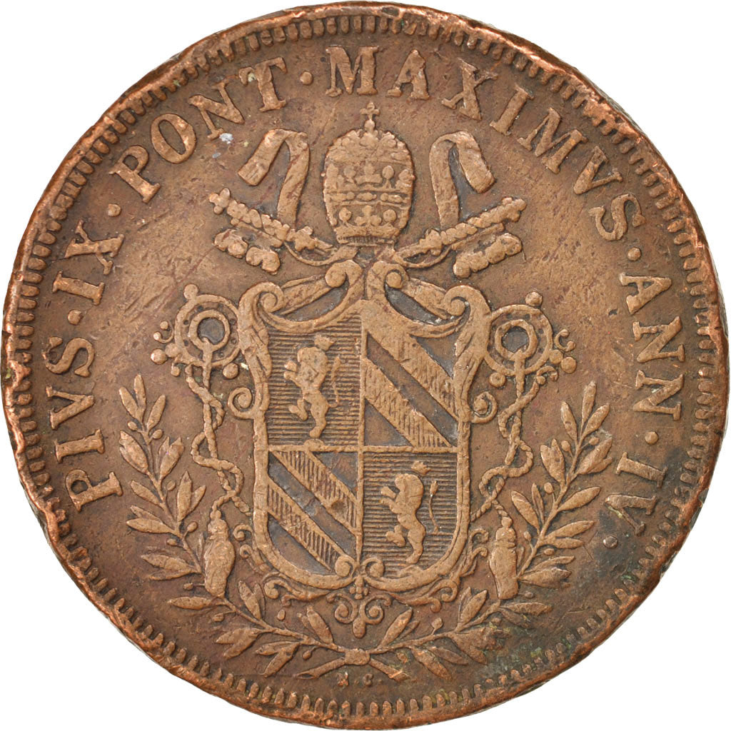 ITALIAN STATES, 5 Baiocchi, 1849, Roma, KM #1346, VF(20-25), Copper, 41, 40.78