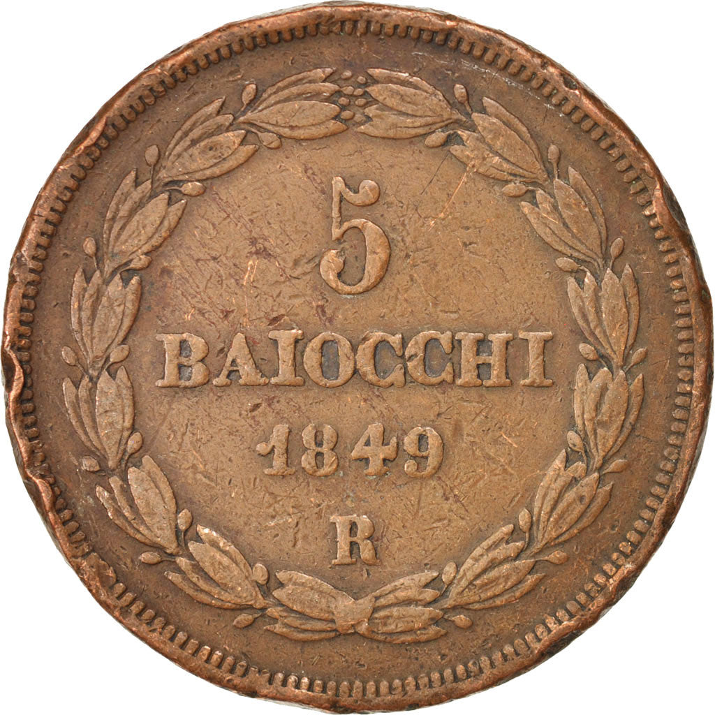 ITALIAN STATES, 5 Baiocchi, 1849, Roma, KM #1346, VF(20-25), Copper, 41, 40.78