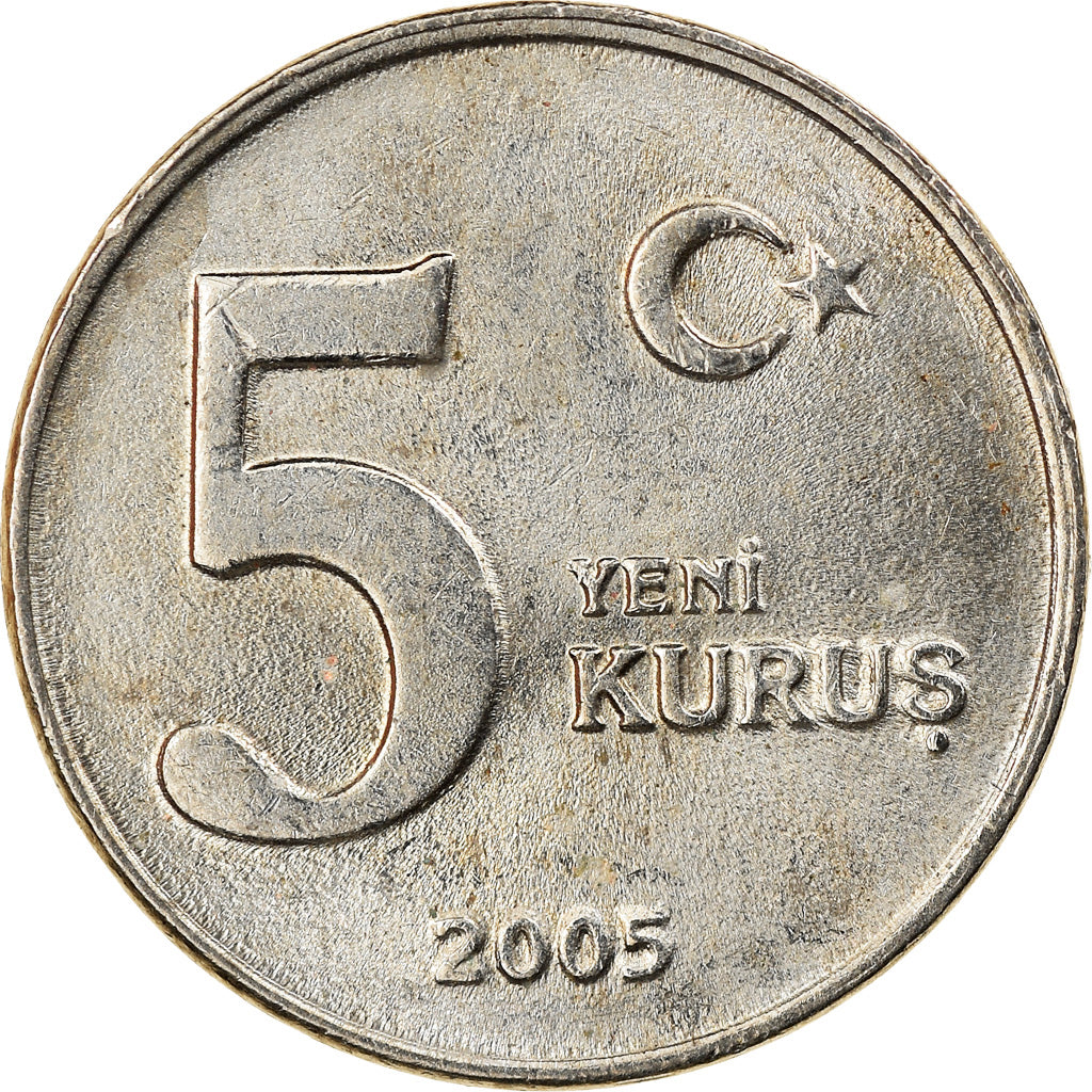 Coin, Turkey, 5 New Kurus, 2005, Istanbul, EF(40-45), Copper-Nickel-Zinc