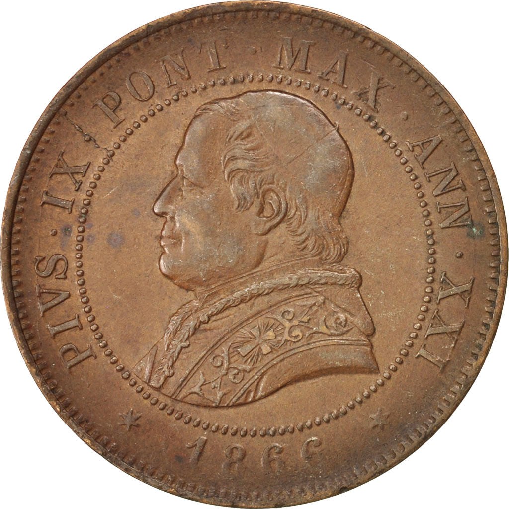 ITALIAN STATES, 4 Soldi, 20 Centesimi, 1866, Roma, KM #1374, AU(50-53), Copper,.