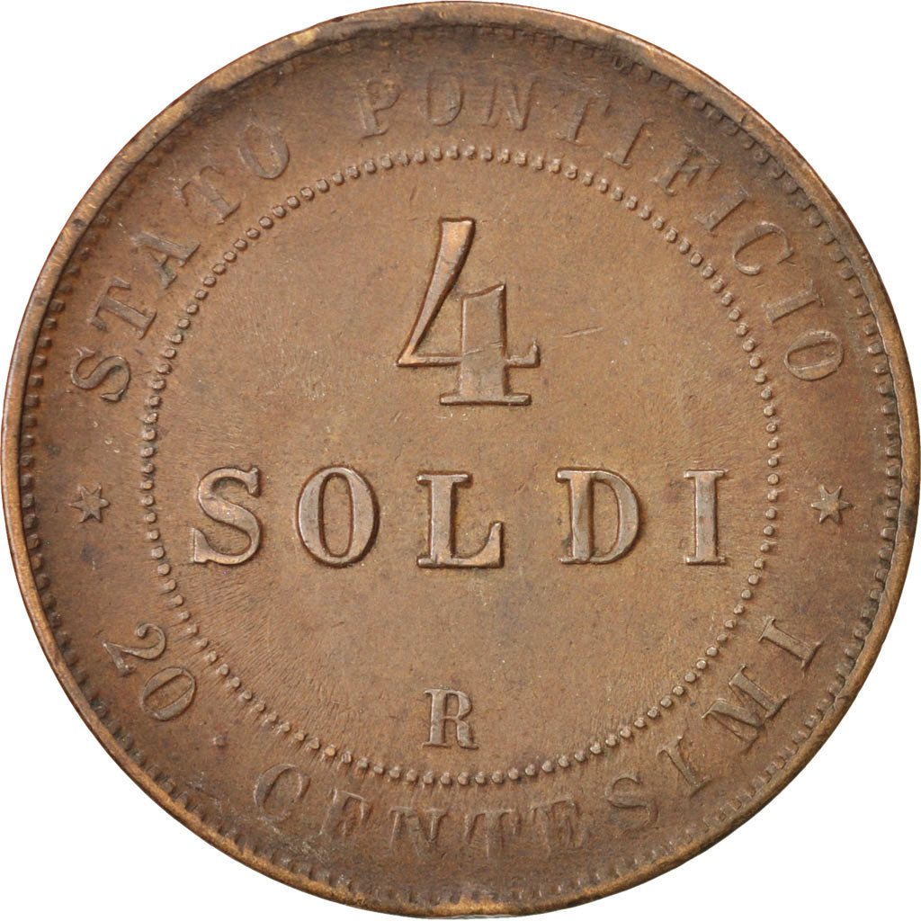ITALIAN STATES, 4 Soldi, 20 Centesimi, 1866, Roma, KM #1374, AU(50-53), Copper,.