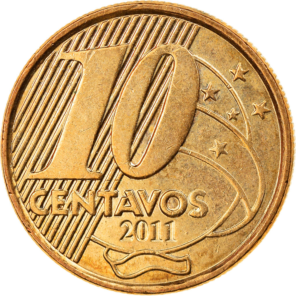 Moeda, Brasil, 10 Centavos, 2011, AU(55-58), Aço Cromado a Bronze, KM:649.2