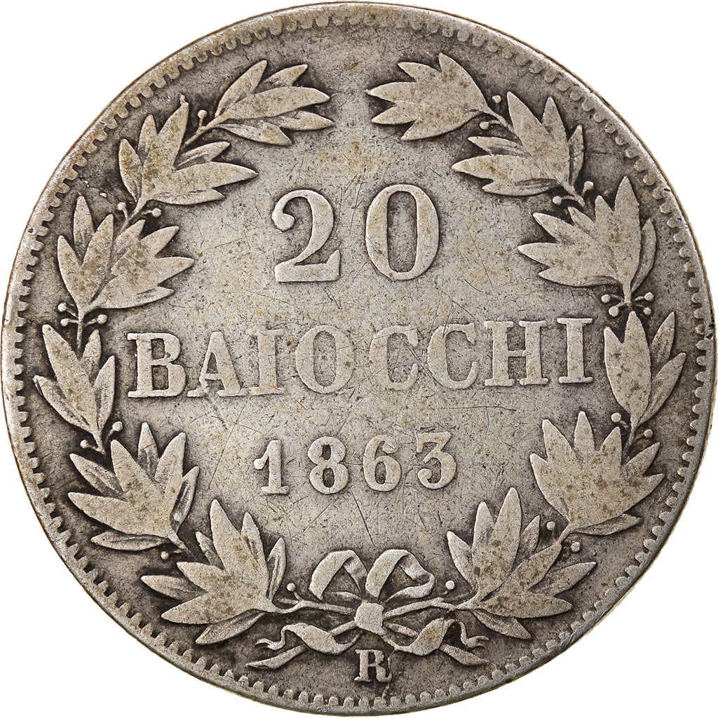 Monnaie, États italiens, PAPAL STATES, Pius IX, 20 Baiocchi, 1863, Roma, TB