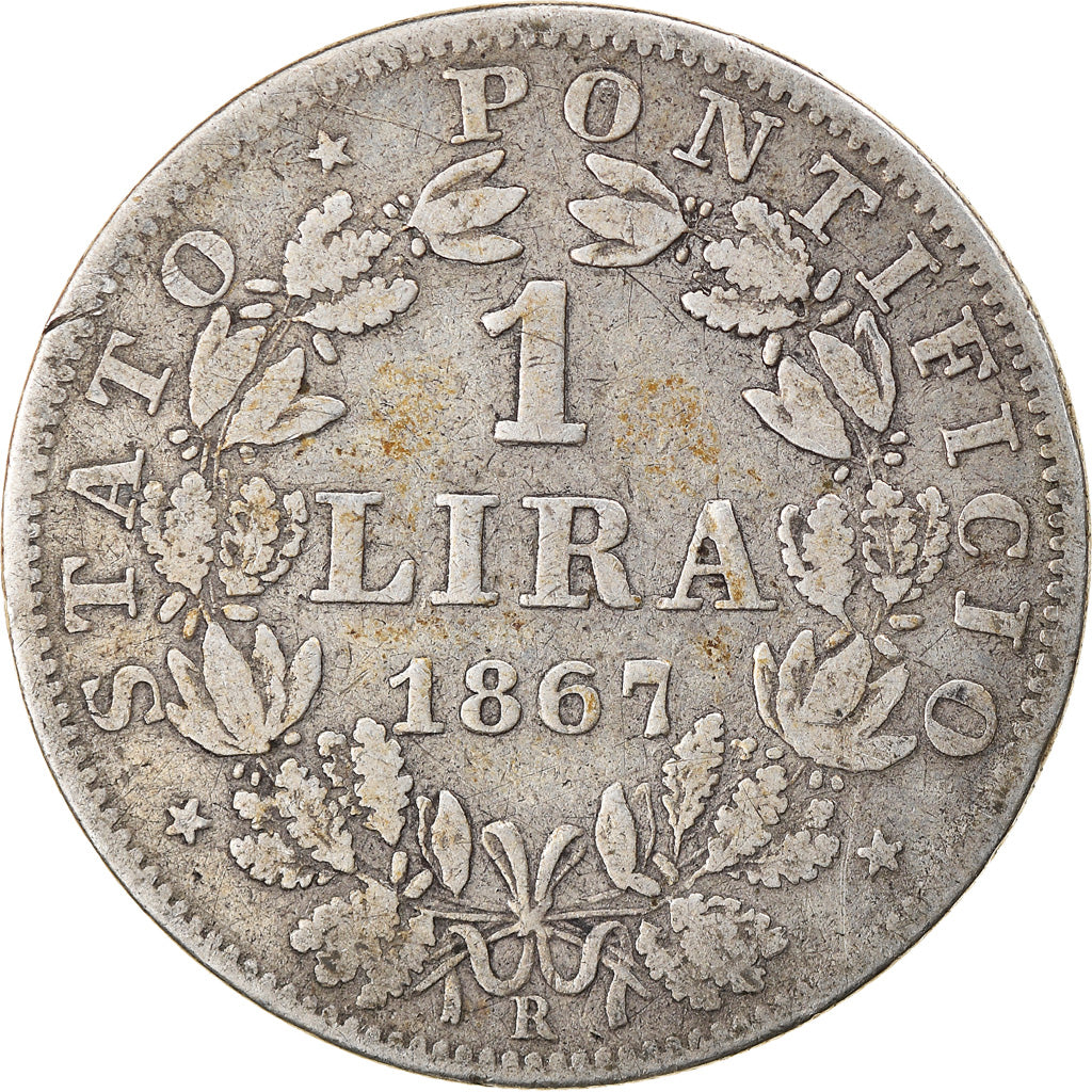 Moeda, ESTADOS ITALIANOS, PAPAL STATES, Pius IX, Lira, 1867, Roma, VF(20-25)
