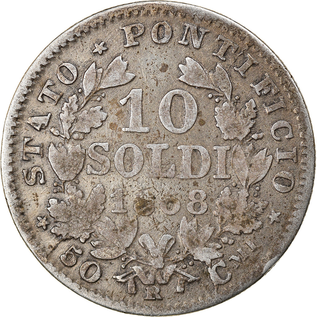 Moneda, Estados italianos, PAPAL STATES, Pius IX, 10 Soldi, 50 Centesimi, 1868