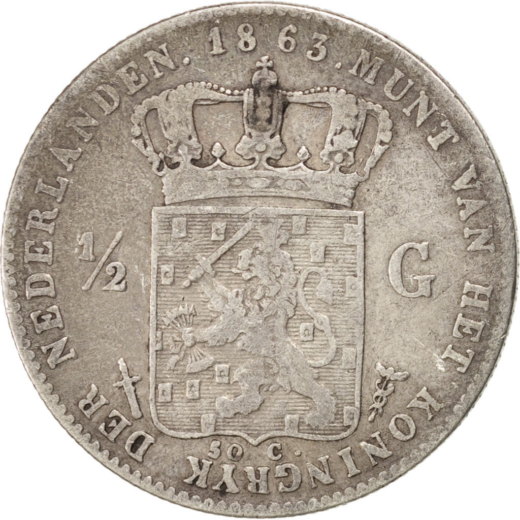 Coin, Netherlands, William III, 1/2 Gulden, 1863, VF(20-25), Silver, KM:92